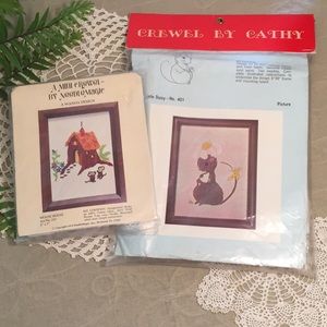 Vintage Mouse Mice And Flowers Themed Crewel Needlework Kits Unopened